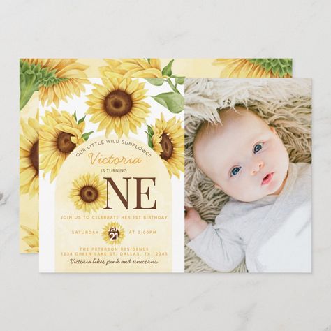 Yellow Watercolor Background, Summer Birthday Invitations, 98th Birthday, Sunflower Invitations, Wild Sunflower, Watercolor Sunflowers, 1st Birthday Party Invitations, Yellow Watercolor, Baby Boy First Birthday