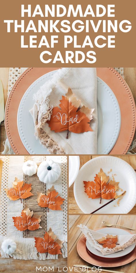 DIY leaf place cards for modern Thanksgiving table decor and place settings. Cheap Thanksgiving Table Settings, Thanksgiving Place Cards Diy, Diy Name Cards, Table Settings Simple, Thanksgiving Name Cards, Leaf Place Cards, Thanksgiving Table Settings Diy, Thanksgiving Decorations Diy Table, Thanksgiving Dinner Decor