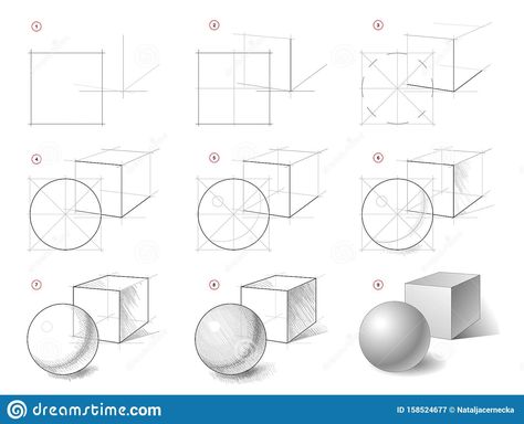 How to draw step-wise still life sketch of geometric shapes, cube, ball. Creation step by step pencil drawing.. Illustration about geometry, black, handdrawn, educational - 158524677 3d Drawing Tutorial, Step By Step Sketches, Still Life Sketch, Geometric Shapes Drawing, Basic Sketching, 3d Geometric Shapes, Learn To Sketch, Life Sketch, Perspective Drawing Lessons