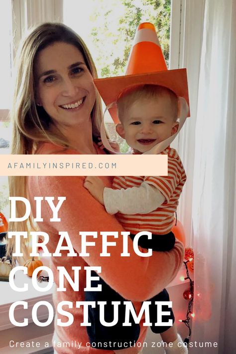 DIY Traffic Cone Costume. The perfect sidekick costume for your family construction costume or truck costume for Halloween.   Easy and cute costume for kids. A great compliment to a digger costume, traffic cone costume, construction costume, diy digger costume, family of four costume and truck lovers.  #diytrafficcone #diycostume #familycostumes #familycostumeinspiration #familyhalloweencostume #truckcostume #constructioncostume #diydigger #famillyoffourcostume #diggercostume #halloweencostumes Construction Worker Toddler Costume, Netflix Trash Truck Halloween Costume, Family Construction Halloween Costumes, Construction Family Costume, Bulldozer Costume, Toddler Construction Costume, Traffic Cone Costume Diy, Halloween Costumes Construction Worker, Traffic Cone Costume