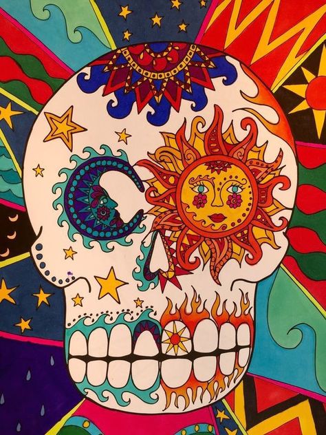 Colourful Skull Art, Mexican Skulls Art, Skull Art Colorful, Mexican Art Patterns, Sugar Skulls Ideas, Day Of The Dead Skull Art, Mexican Inspired Art, Mexican Skull Drawing, Sugar Skulls Drawing