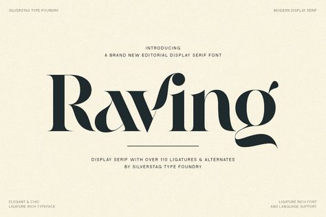 Raving - Editorial Display Serif Font :: Behance Luxury Editorial, Branding Luxury, Written Logo, Bold Serif Fonts, Menu Mockup, Free Commercial Fonts, Handwritten Logo, Designs Graphic, Eid Al-adha