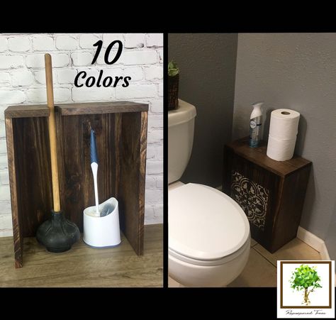 Organize your bathroom and hide that awkwardly showing toilet brush and plunger with the help of this wooden box. Entirely handcrafted from solid wood and comes in 10 different colors and a stencil option, so you can find a suitable color to match your bathroom style. What a great invention this is, and pretty unique on the market, a toilet brush and plunger holder that basically makes them invisible. The hidden storage box has a place for two brushes, or a plunger and a brush features a hole on How To Store Plunger And Toilet Brush, Plunger Holder, Hello Sweet Cheeks Bathroom, Hello Sweet Cheeks, Wooden Organizer, Cabinets Organization, Toilet Brush, Bathroom Style, Hidden Storage