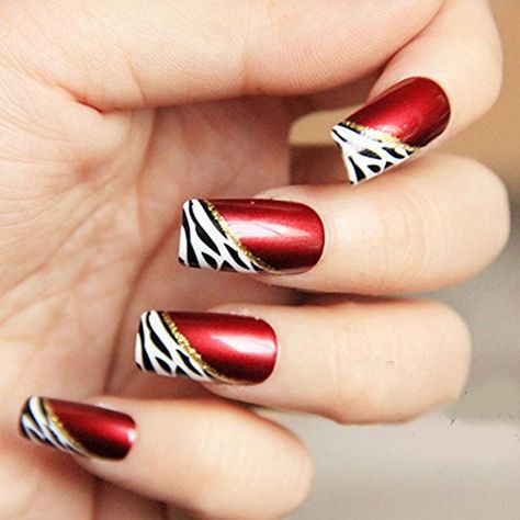 YUNAI 24 Pcs Long Full Cover False Nails French Ellipse Red Wine Oblique Leopard Fake Nails -- Read more reviews of the product by visiting the link on the image. Red Zebra Nails, Salon Nails, Zebra Nails, Long Press On Nails, Nails Diy, Nails Red, Coffin Nails Long, Nails French, Acrylic Nail Art