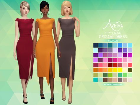 aveirasims: “ City Living Origami Dress - Recolor • 64 Colors • Standalone & Custom Thumbnail • Teen to Elder • Requires City Living! Download Links under the cut! Читать дальше ” Sims 4 Recolors, Sims Royal, Dress Origami, Sims 4 City Living, Sims 4 Decades Challenge, Sims 4 Cc Maxis Match, Cc Clothes, Secretary Outfits, Sims 4 Cc Maxis