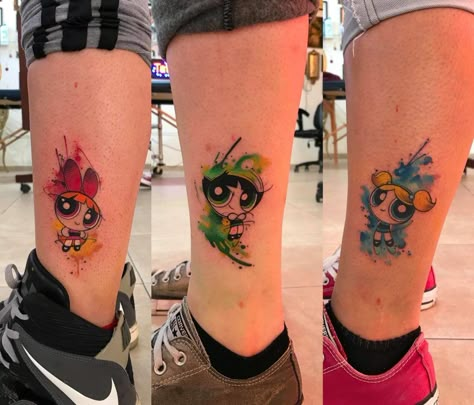 Powerpuff Tattoo, Tattoo For Siblings, Powerpuff Girls Tattoo, Girl Tattoo Ideas, Cousin Tattoos, Matching Friend Tattoos, Matching Best Friend Tattoos, Matching Sister Tattoos, Cartoon Character Tattoos