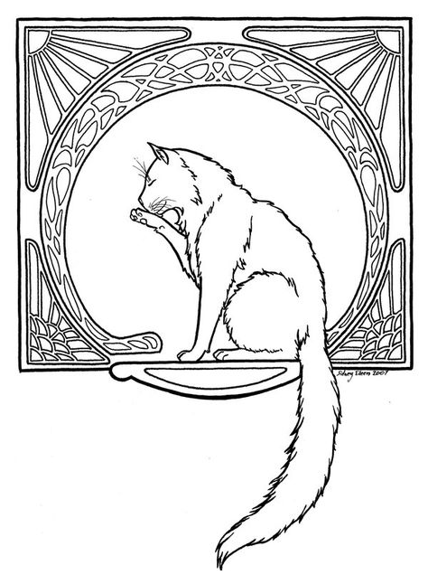 Art Nouveau Cat, Motifs Art Nouveau, Pen On Paper, Adult Colouring Pages, Cat Coloring Page, Art Nouveau Design, Cat Crafts, Digi Stamps, Digital Stamps