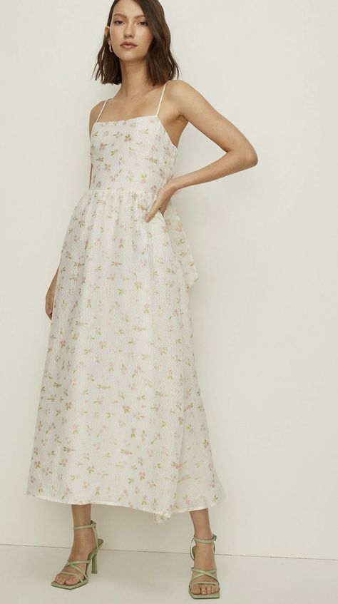 Bhldn Dress, Oasis Dress, Ditsy Print, Sequin Outfit, Christmas Party Outfits, Oasis Fashion, Bow Back, Flowing Skirt, White Midi Dress