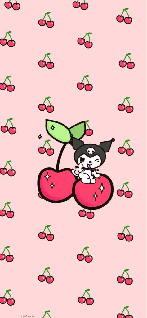 Kuromi Iphone Wallpaper, Background Kuromi, Sanrio Iphone Wallpaper, Iphone Wallpaper Cherry, Kuromi Sitting, Cherry Hello Kitty, Kuromi Cherry, Cherry Iphone Wallpaper, Background Sanrio