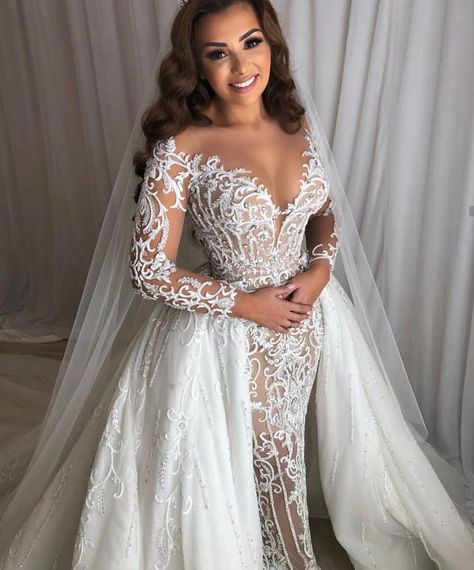 Glam Wedding Dress With Sleeves, Mermaid Wedding Dress Detachable Skirt, Detachable Wedding Dress Skirt, Leah Da Gloria Wedding Dress, Transparent Corset, Detachable Sleeves Wedding Dress, Rich Wedding, Lace Top Wedding, Detachable Wedding Dress