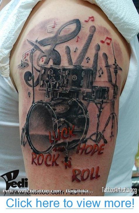 Tattoos Drum. I love this idea! Instrument Tattoo, Drum Tattoos, Drummer Tattoo, Musician Tattoo, Notes Tattoo, Drum Tattoo, Drums Music, Stick Tattoo, Set Tattoo