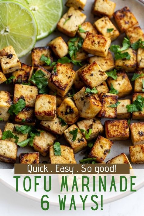 The KEY to truly delicious tofu is a good tofu marinade! Here are SIX different marinade recipes to choose from and they're all EASY! Tofu On Salad, Tofu For Salad Recipes, Tofu For Salad, Cilantro Lime Tofu, Tofu Salads, Tofu Aesthetic, Tofu Marinade Recipes, Tofu Salad Recipes, Cilantro Lime Marinade