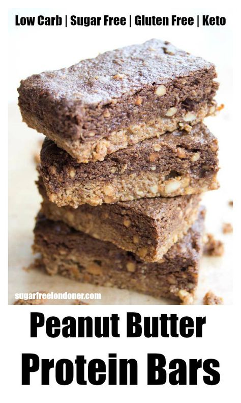 Why spend money on expensive sugar free energy bars when you can make this easy low carb protein bar recipe with only 5 simple ingredients? These peanut butter protein bars are chewy and fudgy yet they stay firm at room temperature. The recipe is gluten free and Keto. #lowcarbproteinbars #peanutbutterbars #ketoenergybars Sugar Free Protein Bars, Low Carb Protein Bars Recipe, Protein Bar Recipe, Keto Protein Bars, Low Carb Bars, Low Carb Protein Bars, Peanut Butter Protein Bars, Keto Bars, Low Carb Brownies