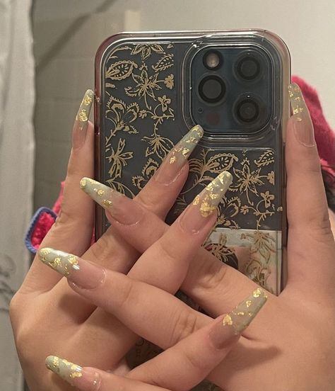 Green And Clear Nail Designs, Gold And Olive Green Nails, Gold And Clear Acrylic Nails, Nails To Match With Green Dress, Sage Green Nails With Gold Flakes, Gold Nails With Green Accent, Nails Sage Green And Gold, Gold And Sage Nails, Gold Specks Nails