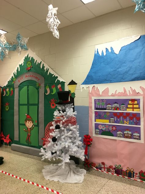 Christmas Village Door Decorating Contest, Elf School Decorations, Christmas Village School Hallway, Elf Village Decorations, Santa’s Village Decoration, Deck The Halls School Ideas, Elf Door Decorations Classroom, Classroom Window Display, Christmas Hallways