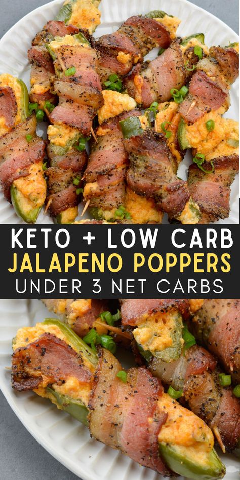 These Keto Jalapeno Poppers are loaded with two kinds of cheese and wrapped in pepper bacon! This easy low carb appetizer can be made in the oven, on the grill or in the air fryer! Healthy Recipes With Jalapenos, Keto Lunch For Work, Keto Jalapeno Poppers, Keto Basics, Keto Jalapeno, Low Carb Appetizer, Jalapeno Bacon, Pepper Bacon, Keto Veggies