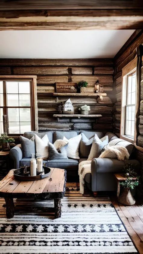 Cabin Artwork Ideas, Cabin Home Decor Living Room, Farmhouse Log Cabin Interior, Hand Hewn Log Cabin Interior, Lodge Cabin Living Room, Cabin Couch Ideas, Small Log Cabin Homes Interior Decor, Mountain Cabin Decor Lodge Style Bedrooms, Rustic Outdoorsy Home Decor