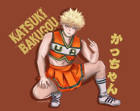 Katsuki Bakugou (Kacchan) In your amazing Cheerleader uniform... Mha Cheer Uniform, Ua Cheer Uniform Bnha, Mha Cheerleaders, Cheerleader Bakugou, Katsuki Bakugou Costume, Katsuki Bakugou Winter Costume, Mha Cheerleaders Manga, Bottom Bakugou, Soft Boy Outfits