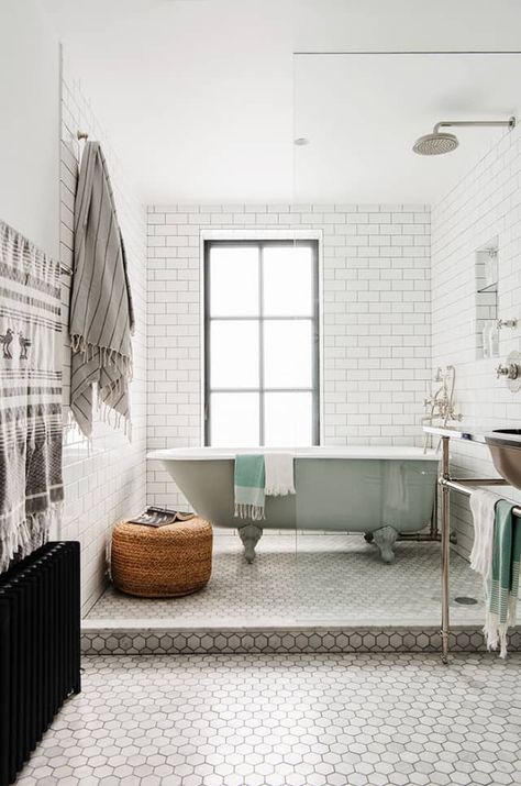 Master Bathroom Makeover Inspiration + Potential Project List White Tiled Bathroom, Bathroom Tub Shower Combo, Tiled Bathroom, Bathroom Tub Shower, Best Bathtubs, Best Bathroom Designs, Wet Room, Bathroom Tub, Room Tiles