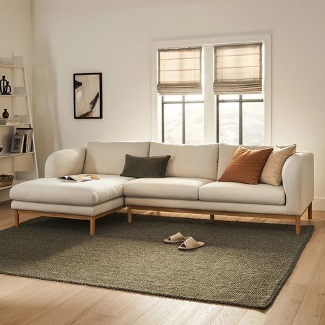 Kinso Buckler Ivory Left Sectional | Article White Couch With Rug, Sectional Couch Small Living Room, Light Sofa Living Room, Cozy Couches Living Room, Small Living Room Couch, Japandi Couch, Mid Century Modern Living Room Sofas, Neutral Cozy Living Room, Small L Shaped Couch