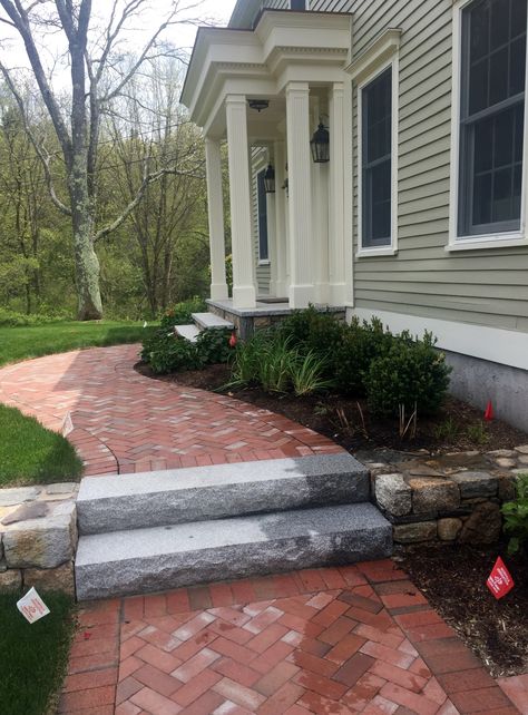 Oakwood Landscape & Construction, Inc. - brick herringbone walkway; granite steps; fieldstone wall Brick Front Entrance, Herringbone Walkway, Mansard House, Fieldstone Wall, Brick Pathways, Brick Herringbone, Granite Steps, Yard Entrance, Flagstone Walkway