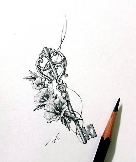 A Tattoos, Key Tattoo Designs, Key Drawings, Key Tattoos, Key Tattoo, Ink Doodles, Kunst Tattoos, Small Tattoos Simple, Flower Art Drawing