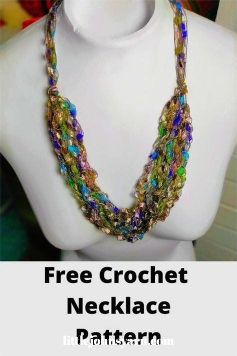 Learn how to make this Bohemian crochet necklace using ladder yarn. From a few feet away the ladder yarn look like little jewels. It's the perfect pattern for beginners. With this free crochet necklace pattern, you will be wearing your jewelry in no time. The easy crochet pattern also includes a crochet necklace video tutorial. #crochetjewelrynecklace #ladderyarn #ribbonyarn #crochetnecklace Trellis Yarn Necklace Pattern, Ladder Yarn Crochet Patterns Free, Ladder Yarn Patterns Free, Ribbon Yarn Crochet Patterns Free, Diy Crochet Necklace, Ladder Yarn Projects, Crochet Ribbon Yarn, Ribbon Yarn Scarf, Free Necklace Patterns