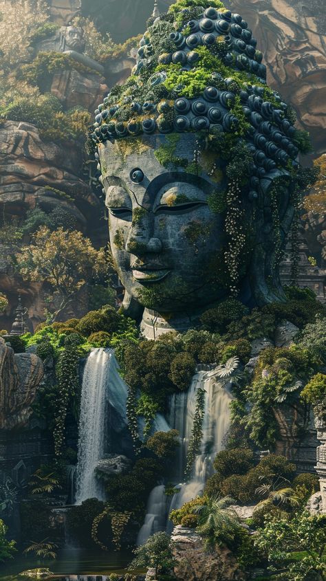 #BuddhaStatue #Waterfalls #Cliffs #Rocks #GreenPlants #UltrahighDefinition #VrayRendering #AerialPhotography #HighContrast #9:16 #TheCandie Photography Angles, Inspirational Digital Art, Buddha Tattoo, Buddhism Quote, Buddha Art, Color Tones, High Contrast, Aspect Ratio, Aerial Photography