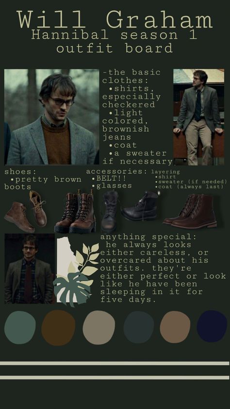 Will Graham Aesthetic Clothes, Will Graham Season Two, Will Graham Fashion, Hannibal Lecter Outfit, Will Graham Costume, Hannibal Outfit Style, Hannibal Inspired Outfit, Hannibal Color Palette, Will Graham Clothes