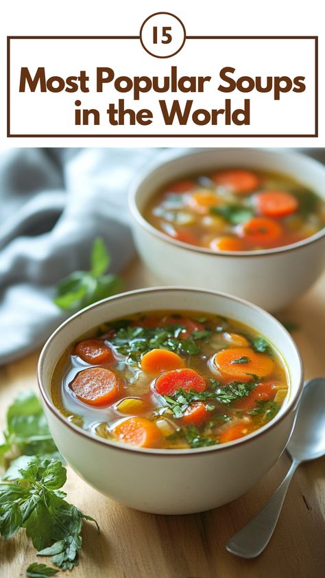 A variety of popular soups from around the world, featuring hearty stews, broths, and vibrant ingredients from different cultures. Soup Around The World, Traditional Soups From Around The World, Soup For Chest Congestion, Soups Of The World, Most Popular Soups, Trending Soup Recipes, Soups Around The World, Interesting Soup Recipes, Unique Soups