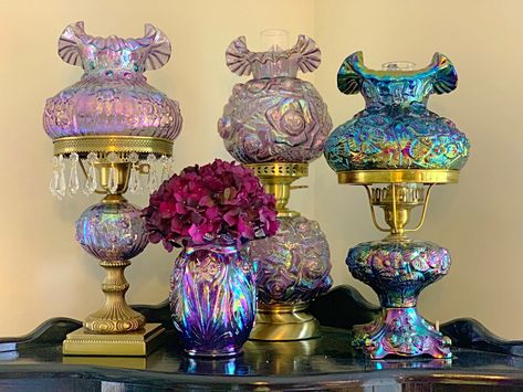 Fenton Carnival Lamps, Fenton Poppy Lamp, Fenton Puffy Rose, Fenton Rose lamp Fenton Lamps, Rose Lamp, Purple Lamp, Unusual Lamps, Carnival Glassware, Pink Lamp, Lamp Collection, I Love Lamp, Antique Glassware