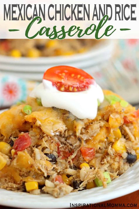 Mexican chicken and rice casserole is meaty, cheesy, and loaded with beans, corn, and more classic Mexican flavors. #inspirationalmomma #mexicanchickenandricecasserole #mexicanchickenandricecasserolerecipe #mexicanchickencasserole #mexicanchickencasserolerecipe via @inspiremomma Chicken Black Beans Corn Rice Casserole, Corn Chicken Casserole, Mexican Chicken And Rice Casserole, Mexican Food Recipes Beef, Mexican Rice Casserole, Mexican Chicken And Rice, Mexican Chicken Casserole, Corn Taco, Mexican Flavors