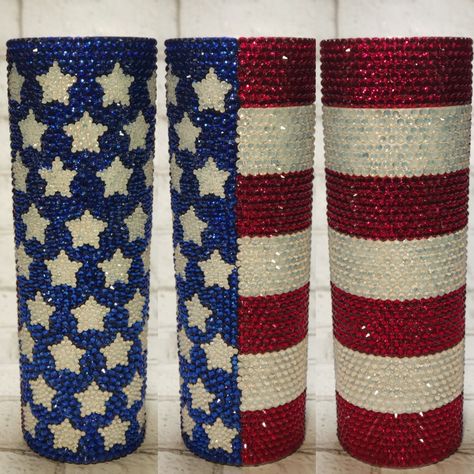 Rhinestone American flag tumbler.  Each stone placed and glued individually on the cup by hand. American Flag Tumbler, Rhinestone Designs Pattern, Fancy Flamingo, Rhinestone Tumbler, Flag Tumbler, Rhinestone Cups, Rhinestone Projects, Rhinestone Crafts, Bling Crafts