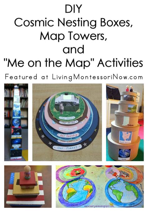 Cosmic nesting cubes, map towers, and "Me on the Map" activities to help young children gain a better understanding of their place in the world. Montessori Cosmic Activities, Me In The World Activity, Me On The Map Free Printable, All About Me Free Printables, Me On The Map Activities, Culture Presentation, Geography Homeschool, Me On The Map, Preschool Social Studies