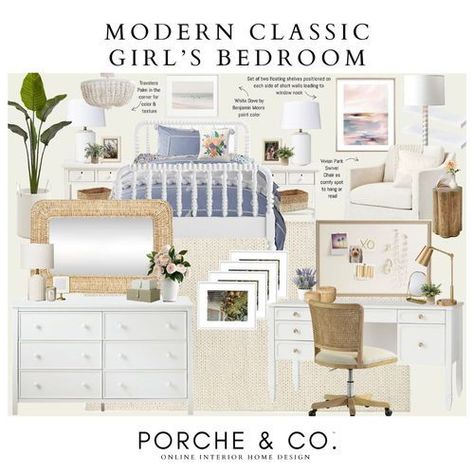 Porche & Co.'s interior designers are sharing a collection of virtual moodboards for updating kids bedrooms. Explore our mood boards to find the perfect blend of furniture and color for your space, whether you prefer the simplicity of neutral modern style or the seaside charm of a coastal girls' room. (affiliate)