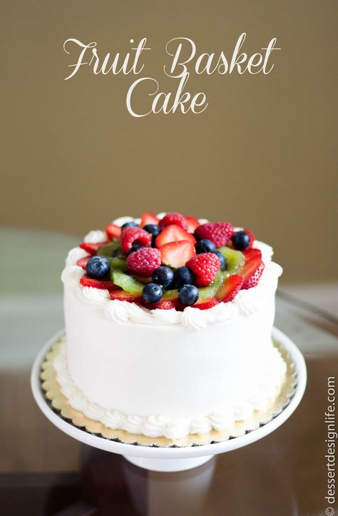 Fruit Basket Cake Recipe | dessertdesignlife.com Fruit Basket Cake Recipe, Fruit Basket Cake, Dessert Design, Basket Cake, Fresh Fruit Cake, Cream Icing, Fruitcake Recipes, New Fruit, Fruit Breakfast