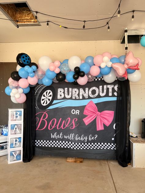 Gender Reveal For Car Lovers, Drag Racing Gender Reveal, Gender Reveal Car Burnout, Gender Reveal Ideas For Motorcycle, Hair Bows Or Turbos, Burn Outs And Bows Gender Reveal, Tires Or Bows Gender Reveal, Race Gender Reveal, Gender Reveal Burnouts Or Bows