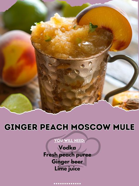 🍑🥃 Refresh your taste buds with a Ginger Peach Moscow Mule! Spicy, sweet, and irresistible. #PeachyMule Ginger Peach Moscow Mule Ingredients: Vodka (2 oz) Fresh peach puree (1 oz) Ginger beer (4 oz) Lime juice (1/2 oz) Instructions: Fill a mule mug with ice. Pour in vodka, peach puree, and lime juice. Top with ginger beer. Stir and garnish with a peach slice or lime wedge. 🍑🌿 A twist on the classic with a peachy kick, perfect for sizzling days or cool evenings. Share your mule makeover with... Peach Moscow Mule, Ginger Peach, Peach Puree, Yummy Alcoholic Drinks, Peach Slices, Lime Wedge, Moscow Mule, Ginger Beer, Lime Juice