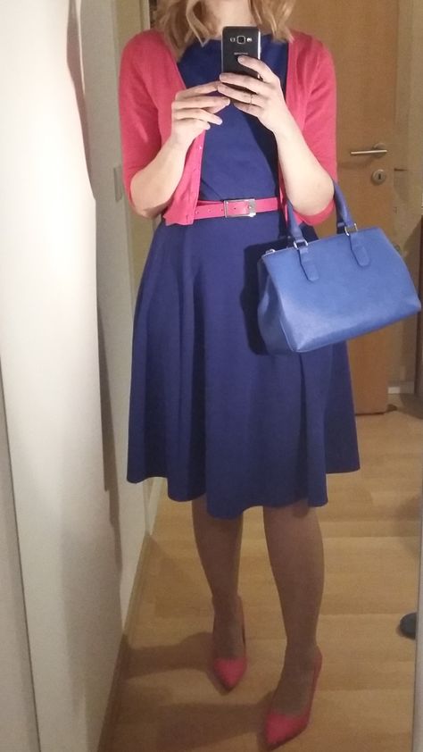 cobalt blue dress, hot pink cardigan and belt (Esprit), hot pink heels, cobalt blue bag (Mango Short Navy Blue Dress, Short Cardigan Outfit, Pink Cardigan Outfit, Navy Blue Short Dress, Hot Pink Cardigan, Hot Pink Heels, Cobalt Blue Dress, Diy Fashion Hacks, February 2023