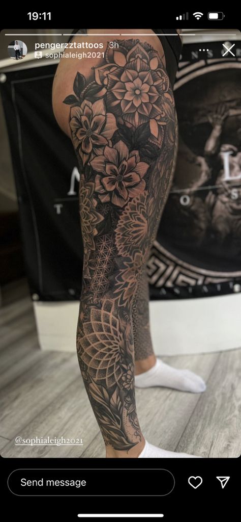 Tattoo Ideas For Leg Sleeve, Leg Sleeve Cover Up Tattoo, Leg Sleve Ideas Women, Tattoo Ideas Full Leg, Let Sleeves Women Tattoo, Sick Thigh Tattoos, Armour Tattoo Women, Flower Mandala Leg Sleeve, Leg Sleeves For Females Traditional