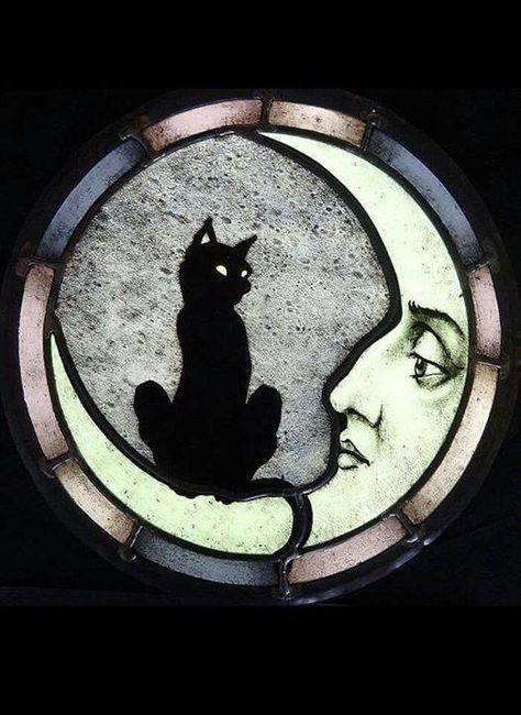 Untitled | Black cat art, Cat art, Magic cat Stained Glass Candle Holders, Stained Glass Candles, Black Cat Art, A Black Cat, Season Of The Witch, Ethereal Art, Moon Art, Cats Meow, Moon Child