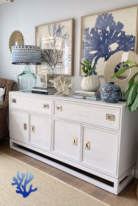 White Sideboard Decor, Coastal Sideboard, Beachy Interior Design, Buffet Decor Ideas, Dining Room Buffet Table Decor, Coastal Styling, Buffet Table Decor, Coastal Dining Room, Sideboard Decor