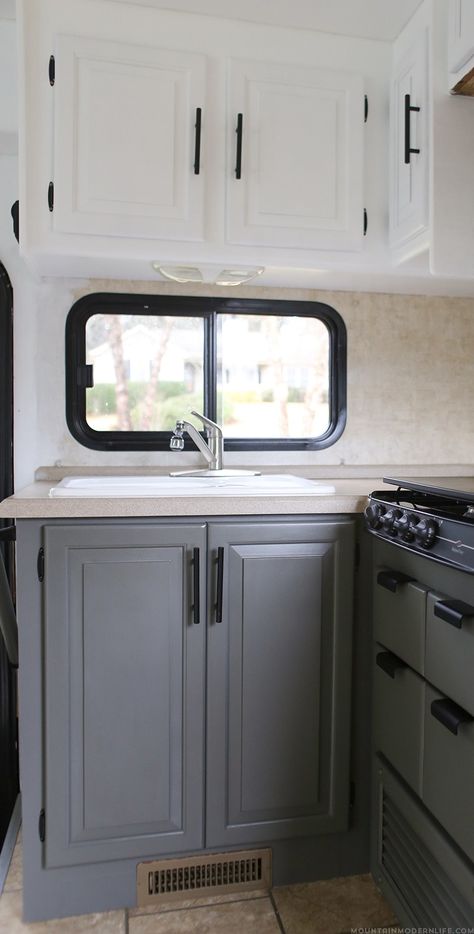 Planning to update the kitchen in your camper or motorhome? Come check out the progress of our painted RV kitchen cabinets! MountainModernLife.com Rv Redo, Camper Trailer Remodel, Diy Camper Remodel, Rv Kitchen, Rv Makeover, Diy Rv, Travel Trailer Remodel, Rv Renovations, Camper Makeover