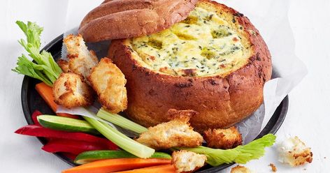 This amazing cob is coated in garlic butter and filled with a creamy 3-cheese mixture – what's not to love? Cob Dip, Cobb Loaf, Cob Loaf Dip, Party Food Favorites, Cob Loaf, Beef Lasagne, Curried Sausages, Aussie Food, Cheesy Garlic Bread