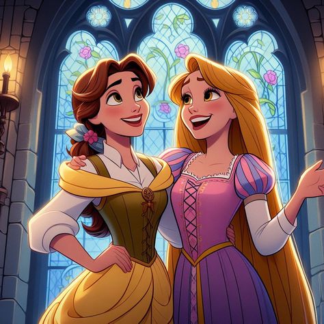 Belle And Rapunzel Together, Disney Princess Lesbian Wallpaper, Princess Outfits Disney, Disney Princess Best Friends, Disney Princesses Together, Princess Best Friends, Two Disney Princess, Belle And Rapunzel, Disney Females