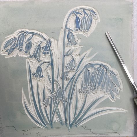 Carving the key outlines and starting to clear away the background for my bluebell linocut print. #bluebells #bluebellseason #bluebellwoods #bluebellwood #bluebellart #bluebellwalk #britishwoodland #linocut #linoprint #linocuts #linoprinting #linocutprintmaking #linoart #printmaking #multiblock #womenprintmakers #printmakersofinstagram #michellehughes #yorkshireartist #originalprint Blue Bell Woods, Linocut Artists, Lino Printing, Linocut Printmaking, Lino Art, Art Studio At Home, Printing Press, Lino Print, Linoleum