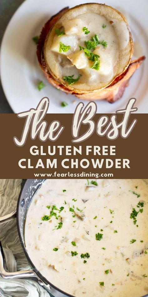 Gluten Free Chowder, Gluten Free Clam Chowder Recipe, Dairy Free Clam Chowder, Gluten Free Comfort Food Recipes, Gluten Free Seafood Recipes, Dairy Free Clam Chowder Recipe, Gluten Free Soups, Gluten Free Soup Recipes, Gluten Free Clam Chowder