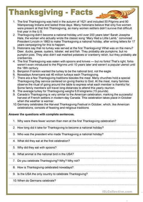 Thanksgiving - facts - English ESL Worksheets Thanksgiving Reading Comprehension Free, Thanksgiving Facts History, Thanksgiving Curriculum, Facts About Thanksgiving, Thanksgiving Reading Comprehension, Thanksgiving Readings, Thanksgiving History, Thanksgiving Facts, Esl Reading