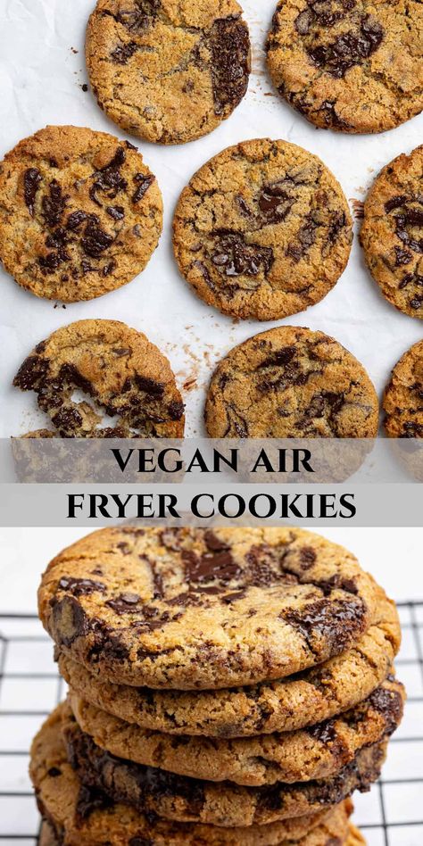 Vegan air fryer cookies - these incredible vegan chocolate chip cookies can be made in either an air fryer or a traditional oven.  They are rich, sweet, soft and chewy, easy to make with no weird ingredients and very addictive! Vegan Air Fryer Cookies, Easy Vegan Air Fryer Meals, Vegan Air Fryer Desserts, Vegan Airfryer Recipe, Airfry Cookie, Vegan Air Fryer Donut Recipes, Airfryer Oat Cookies, Air Fryer Cookies, Vegan Air Fryer Recipes