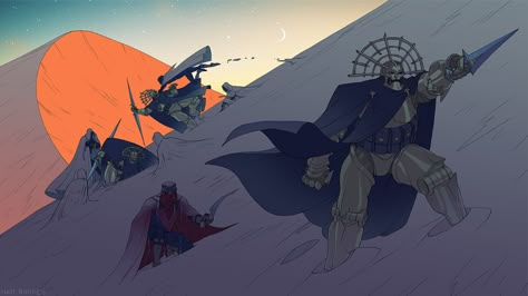 ArtStation - Dune - Ambush, Matt Rhodes Dune Character Design, Matt Rhodes, Dune Characters, Battlestar Galactica Ship, Dune Art, Denis Villeneuve, Punisher Marvel, Dark Sun, Sun Setting